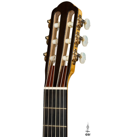 The headstock of a 2011 Angel Benito Aguado "Romantic" classical guitar made of spruce and maple