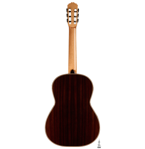 The back of a 2026 Francesco Baccaglion classical guitar made of spruce and Indian rosewood