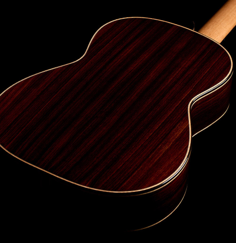 The back and sides of a 2026 Francesco Baccaglion classical guitar made of spruce and Indian rosewood