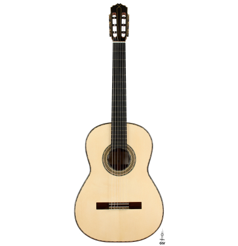 The front of a 2026 Francesco Baccaglion classical guitar made of spruce and Indian rosewood