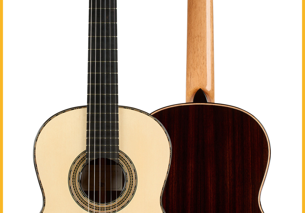 Front and back of a 2026 Francesco Baccaglion classical guitar, spruce and Indian rosewood