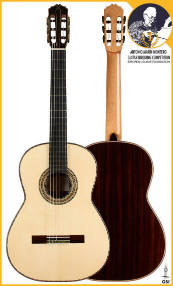 Front and back of a 2026 Francesco Baccaglion classical guitar, spruce and Indian rosewood