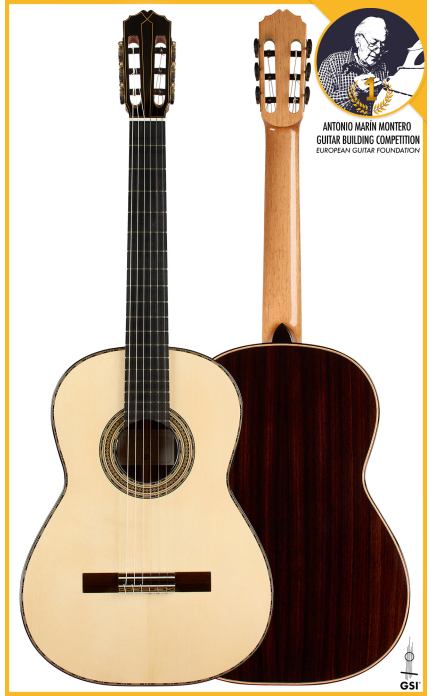 Front and back of a 2026 Francesco Baccaglion classical guitar, spruce and Indian rosewood