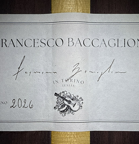 The label of a 2026 Francesco Baccaglion classical guitar made of spruce and Indian rosewood