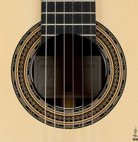 The rosette of a 2026 Francesco Baccaglion classical guitar made of spruce and Indian rosewood