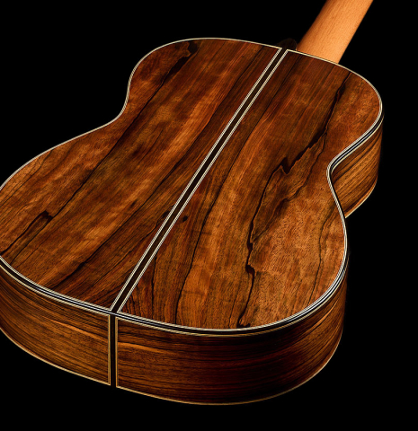 The back and sides of a 2025 Henrik Ballowitz classical guitar made of cedar and African Blackwood