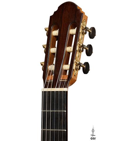 The headstock of a 2025 Henrik Ballowitz classical guitar made of cedar and African Blackwood
