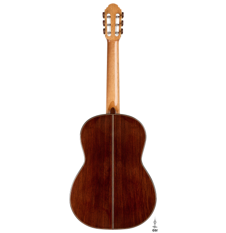 The back of a 2026 Henrik Ballowitz classical guitar made of spruce and Indian rosewood