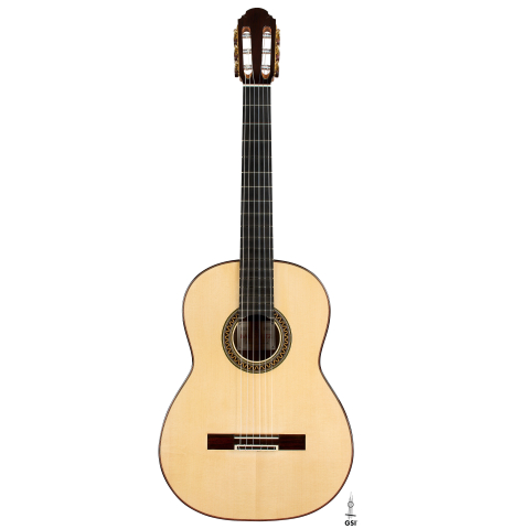 The front of a 2026 Henrik Ballowitz classical guitar made of spruce and Indian rosewood