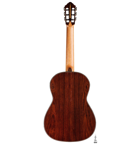The back of a 2020 Kris Barnett classical guitar made with cedar and African rosewood