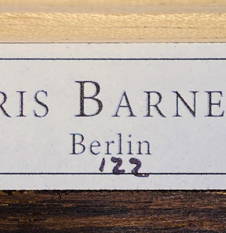 The label of a 2020 Kris Barnett classical guitar made with cedar and African rosewood