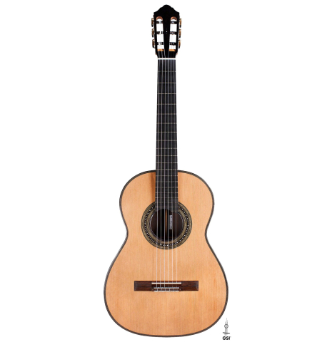 The front of a 2020 Kris Barnett classical guitar made with cedar and African rosewood
