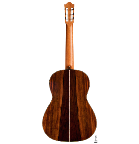 The back of a 2022 Marco Bortolozzo classical guitar made with spruce and exotic ebony