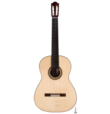 The front of a 2022 Marco Bortolozzo classical guitar made with spruce and exotic ebony