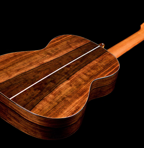 The back and sides of a 2022 Marco Bortolozzo classical guitar made with spruce and exotic ebony