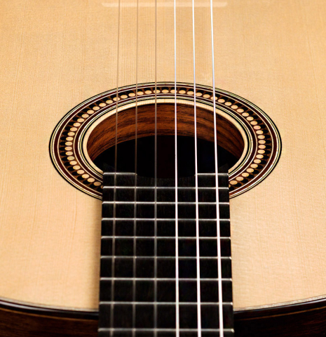The soundboard and tornavoz of a 2022 Marco Bortolozzo classical guitar made with spruce and exotic ebony