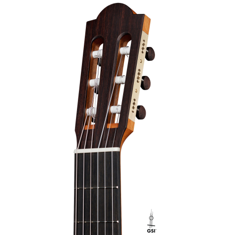 The headstock of a 2022 Marco Bortolozzo classical guitar made with spruce and exotic ebony