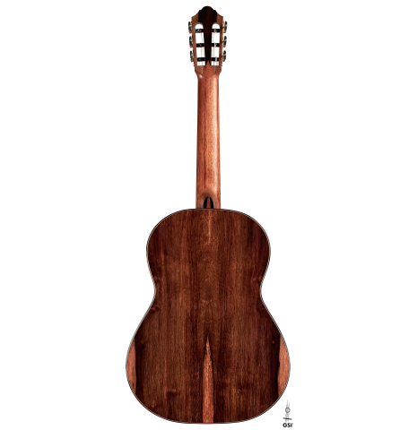 The back of a 2023 Kris Barnett classical guitar made with cedar and exotic ebony