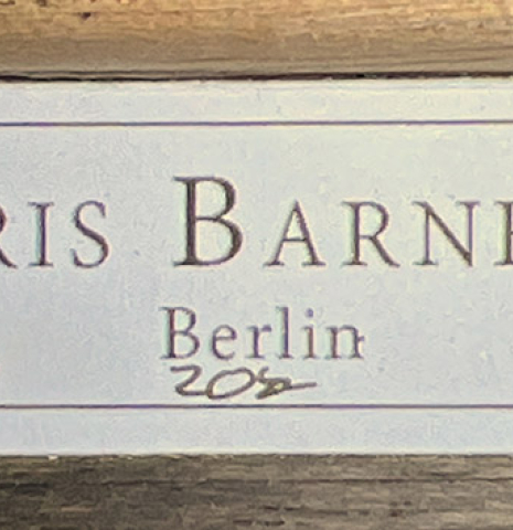 The label of a 2023 Kris Barnett classical guitar made with cedar and exotic ebony