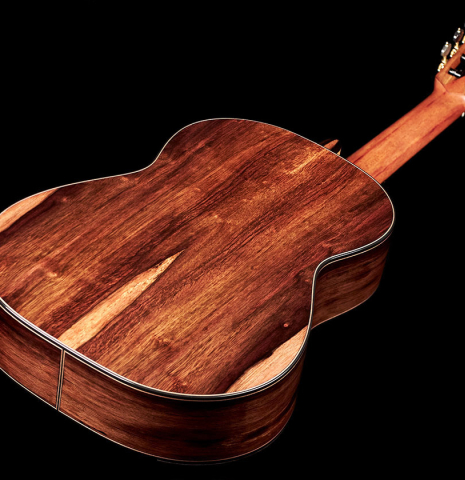 The back and foot of a 2023 Kris Barnett classical guitar made with cedar and exotic ebony