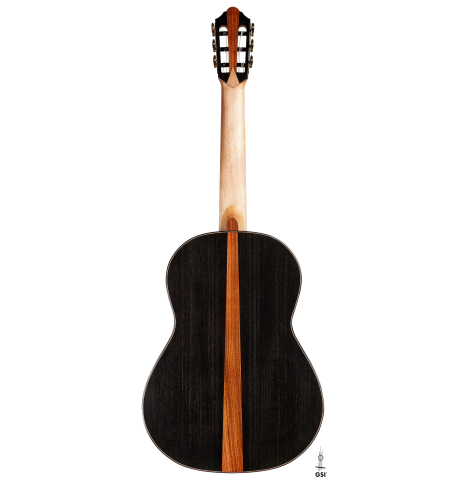The back of a 2025 Kris Barnett classical guitar made of cedar and exotic ebony