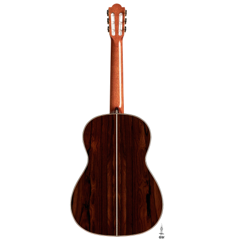 The back of a 2023 Marco Bortolozzo classical guitar made with spruce and ziricote