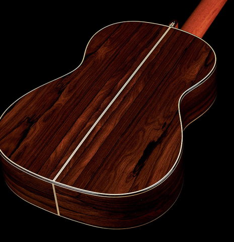The back and sides of a 2023 Marco Bortolozzo classical guitar made with spruce and ziricote
