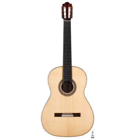 The front of a 2023 Marco Bortolozzo classical guitar made with spruce and ziricote