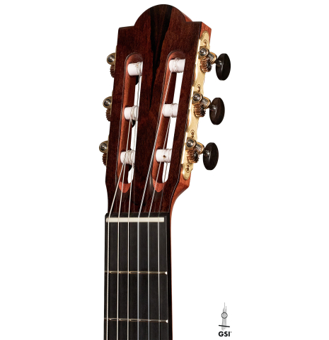 The headstock of a 2023 Marco Bortolozzo classical guitar made with spruce and ziricote