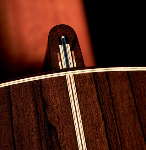 The heel and back of a 2023 Marco Bortolozzo classical guitar made with spruce and ziricote