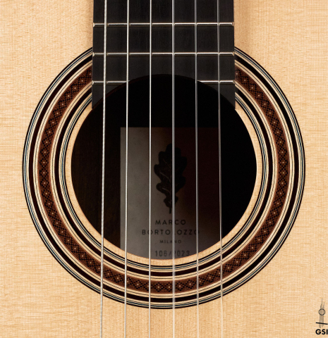 The rosette of a 2023 Marco Bortolozzo classical guitar made with spruce and ziricote