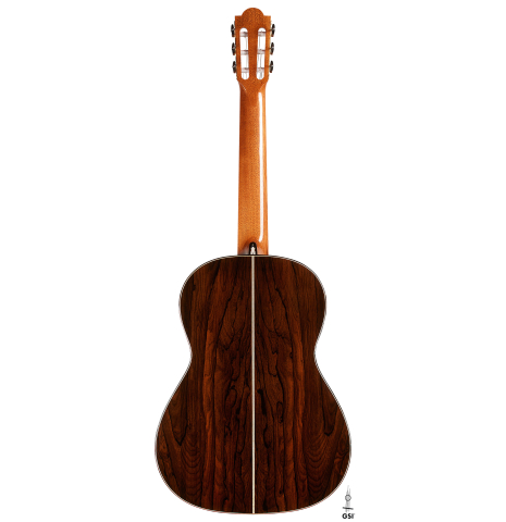 The back of a 2024 Marco Bortolozzo classical guitar made of spruce and ziricote