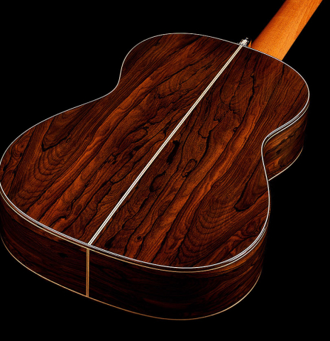 The back and sides of a 2024 Marco Bortolozzo classical guitar made of spruce and ziricote