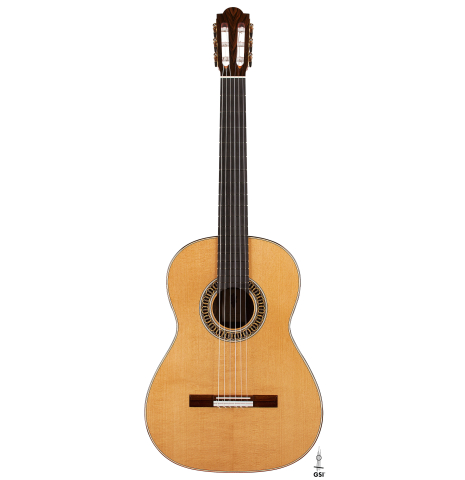 The front of a 2024 Marco Bortolozzo classical guitar made of spruce and ziricote