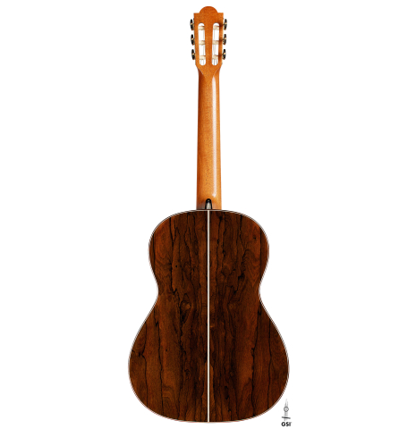 The back of a 2024 Marco Bortolozzo classical guitar made of spruce and ziricote