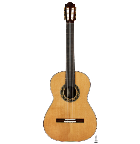 The front of a 2024 Marco Bortolozzo classical guitar made of spruce and ziricote