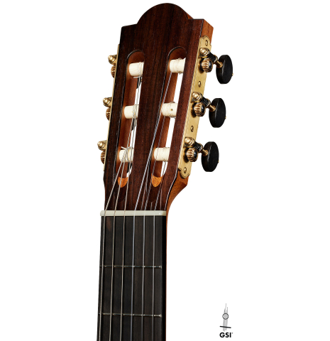 The headstock of a 2024 Marco Bortolozzo classical guitar made of spruce and ziricote