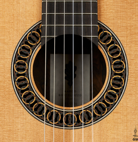 The rosette of a 2024 Marco Bortolozzo classical guitar made of spruce and ziricote