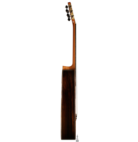 The side of a 2024 Marco Bortolozzo classical guitar made of spruce and ziricote