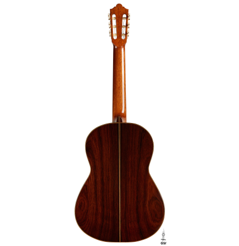 The back of a 2024 Mario Grimaldi "1963 Daniel Friederich, ex Ida Presti" classical guitar made of spruce and African rosewood