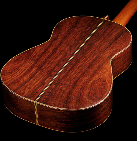 The back and sides of a 2024 Mario Grimaldi "1963 Daniel Friederich, ex Ida Presti" classical guitar made of spruce and African rosewood