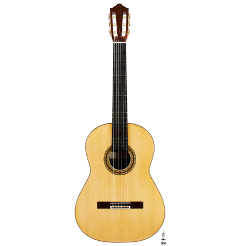 The front of a 2024 Mario Grimaldi "1963 Daniel Friederich, ex Ida Presti" classical guitar made of spruce and African rosewood