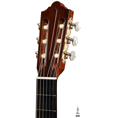 The headstock of a 2024 Mario Grimaldi "1963 Daniel Friederich, ex Ida Presti" classical guitar made of spruce and African rosewood