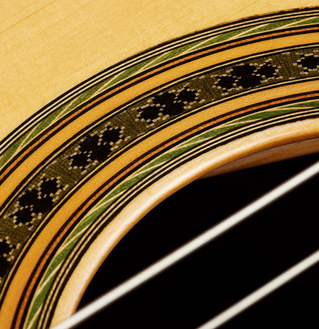 Detail of the rosette of a 2024 Mario Grimaldi "1963 Daniel Friederich, ex Ida Presti" classical guitar made of spruce and African rosewood