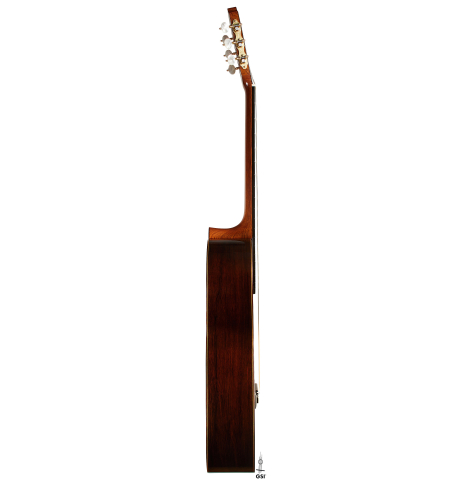 The side of a 2024 Mario Grimaldi "1963 Daniel Friederich, ex Ida Presti" classical guitar made of spruce and African rosewood