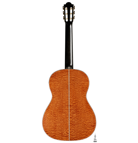 The back of a 2025 Marco Bortolozzo classical guitar made of spruce and pomellè mahogany