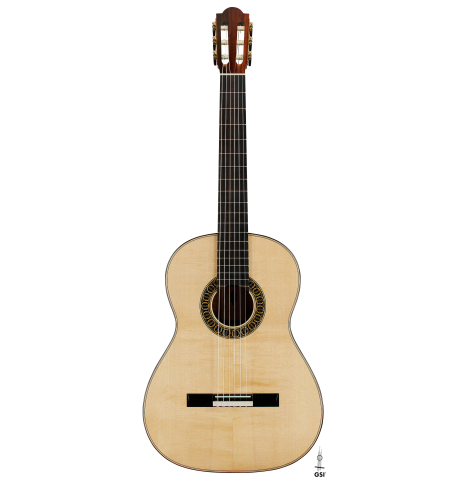 The front of a 2025 Marco Bortolozzo classical guitar made of spruce and pomellè mahogany