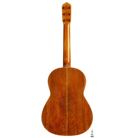 The back of a 1947 Marcelo Barbero w/pegs classical guitar made of spruce and CSA rosewood