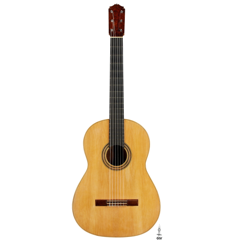 The front of a 1947 Marcelo Barbero w/pegs classical guitar made of spruce and CSA rosewood