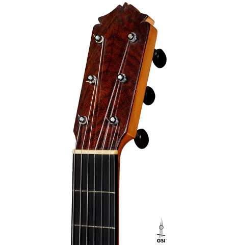 The headstock of a 1947 Marcelo Barbero w/pegs classical guitar made of spruce and CSA rosewood